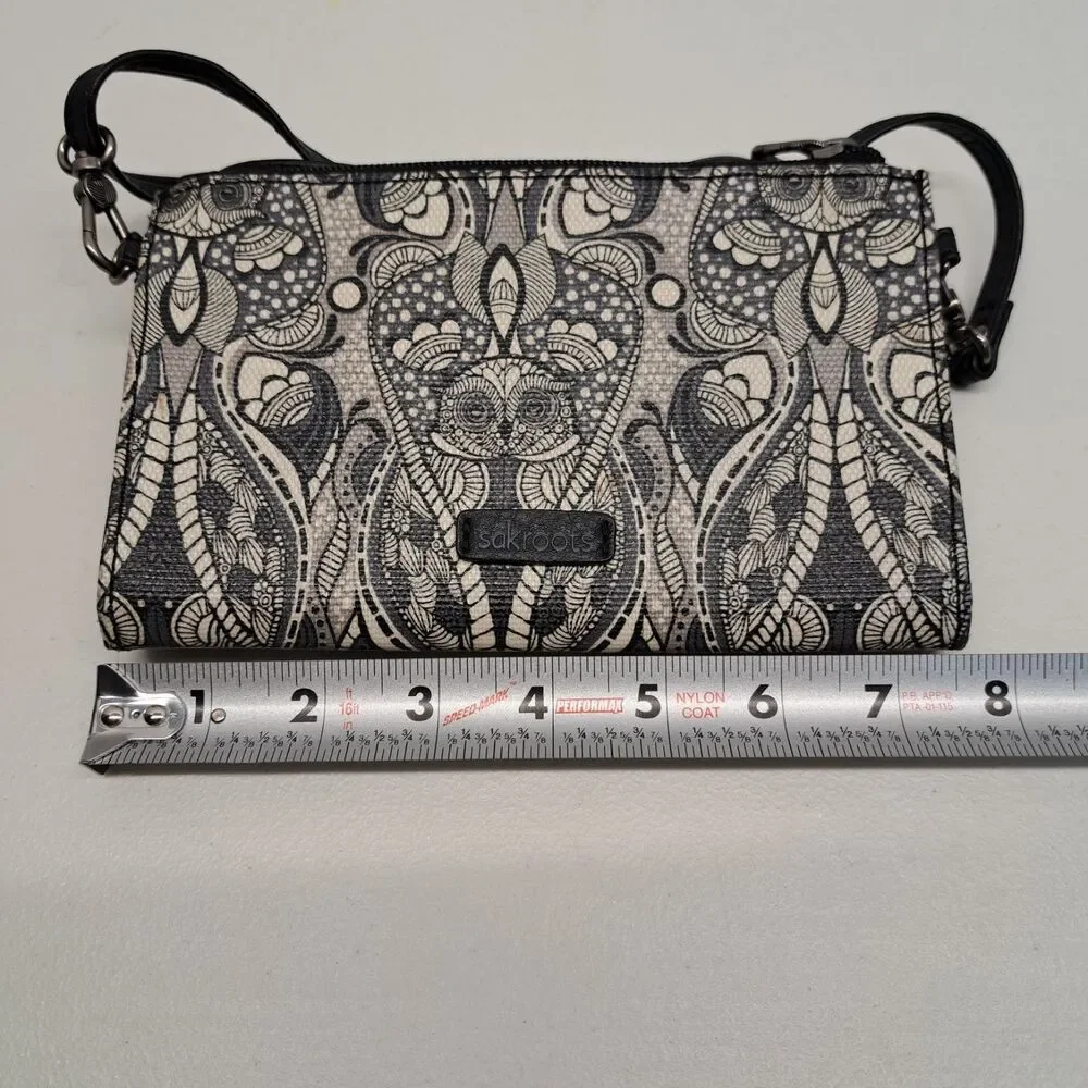 Sakroots Owl Printed Black/Ivory Adjustable Strap Crossbody Wallet/Purse - Picture 8 of 10